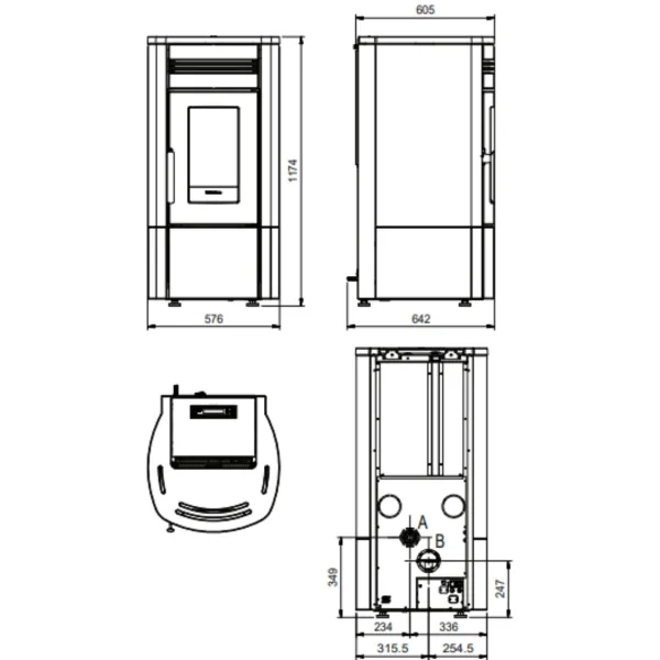 Plan technique du poêle à granulés Noris 12 kW avec dimensions et vues face, profil et dessus