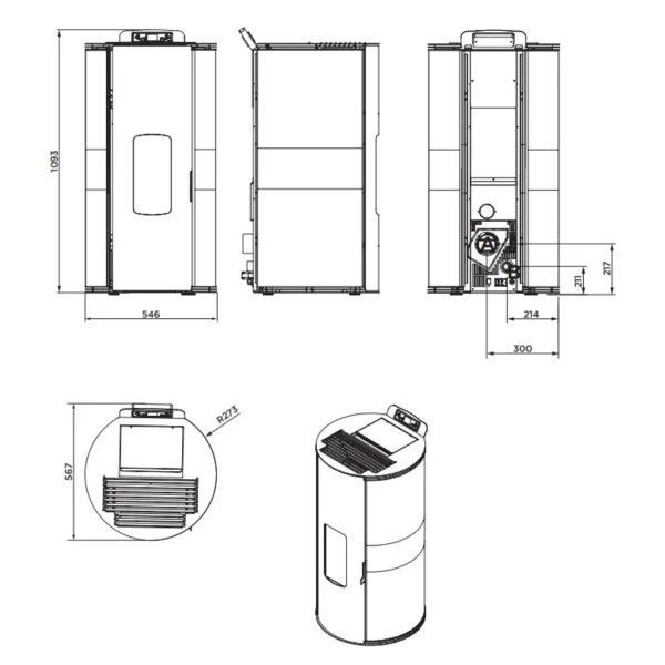 Plan technique et dimensions du poêle à granulés étanche Lorena 9 kW avec cotes d'encombrement