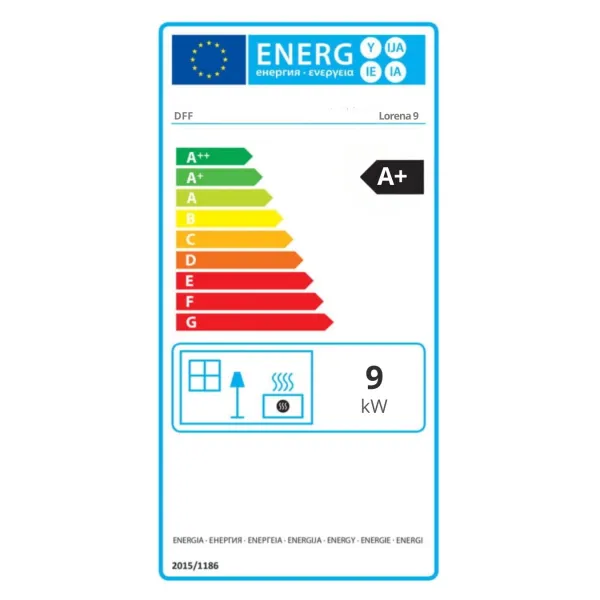 Étiquette énergétique A+ du poêle à granulés Lorena 9 kW avec classe énergétique et puissance