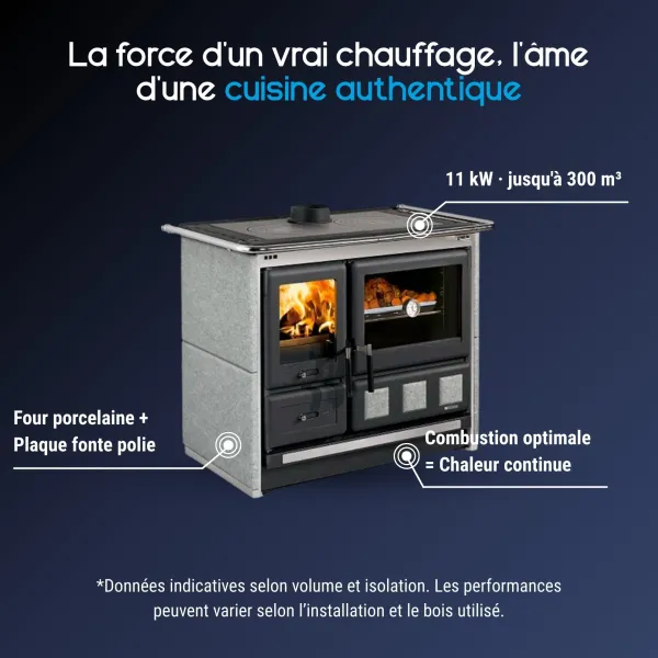 Cuisinière à bois Petra Rosa XXL avec four porcelaine, plaque fonte et foyer 11 kW pour chauffage jusqu'à 300 m³