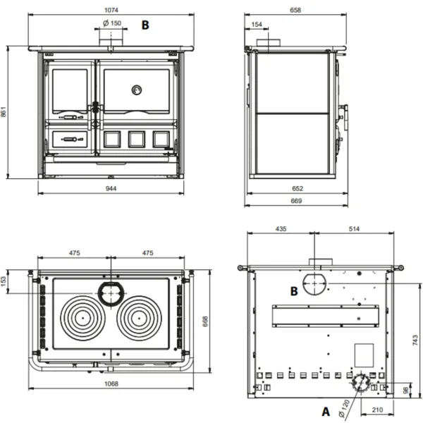 Plan technique de la cuisinière à bois Rosa XXL Petra avec dimensions et vues face, profil, dessus et arrière