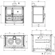Plan technique de la cuisinière à bois Rosa XXL Petra avec dimensions et vues face, profil, dessus et arrière