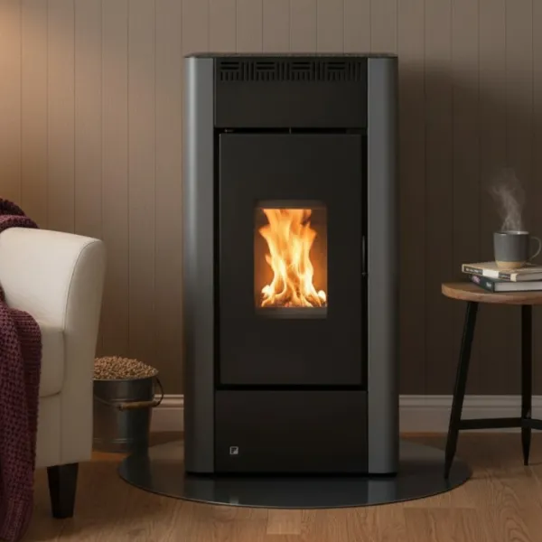 Poêle à granulés Maria 9 kW acier gris anthracite avec vitre panoramique allumé dans un salon moderne