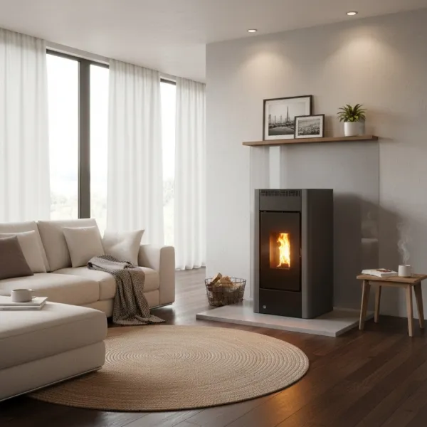 Poêle à granulés Maria 9 kW noir en situation dans salon moderne avec flamme allumée