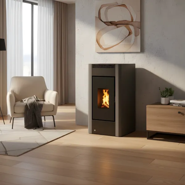 Poêle à granulés Maria 9 kW design anthracite installé dans un salon moderne avec feu allumé