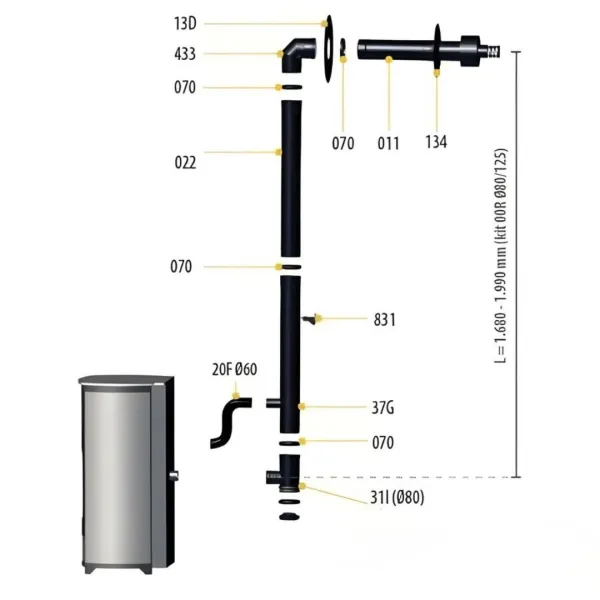 Schéma technique d'installation du kit ventouse pour poêle à granulés Maria 9 kW avec cotes