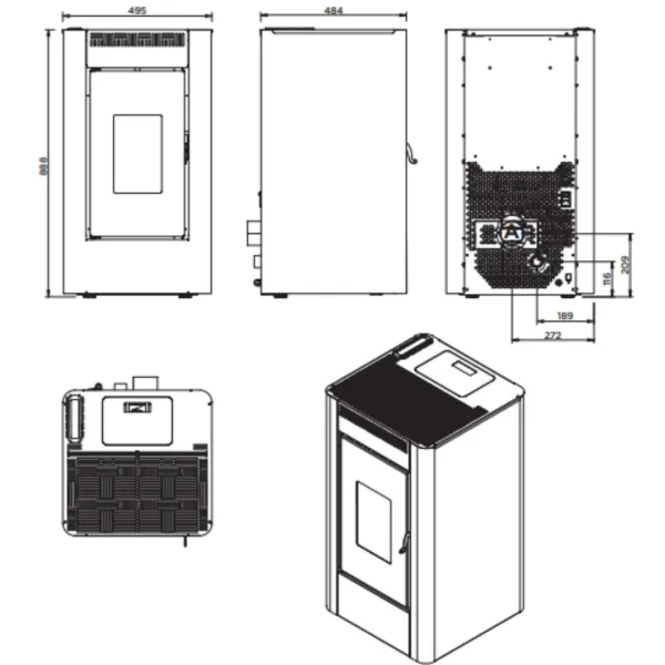 Plan technique du poêle à granulés Maria 9 kW avec dimensions et vues face, côté, dessus et arrière