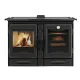 Cuisinière bois Alaska 12 kW noire avec four, foyer vitré et plaque de cuisson
