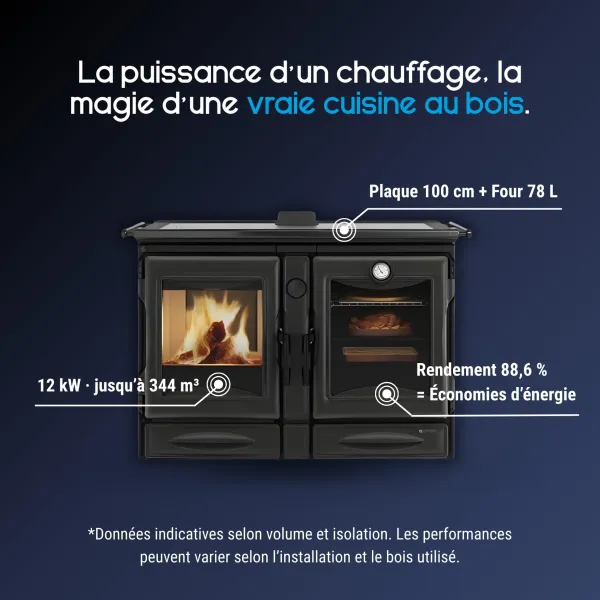 Cuisinière bois Alaska noire avec plaque cuisson 100 cm, four 78L et foyer 12 kW, rendement 88,6%