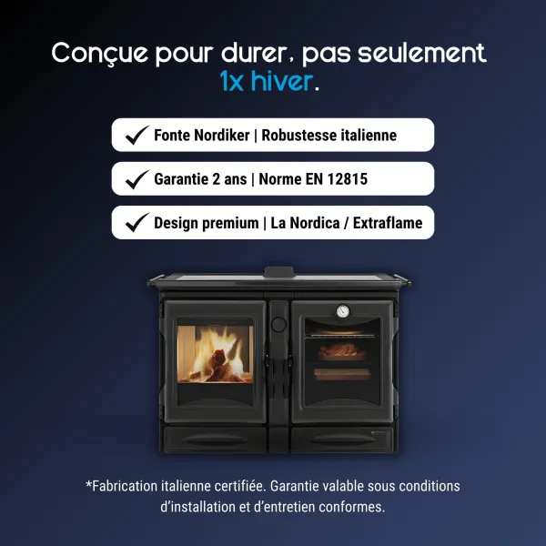 Cuisinière Alaska 12 kW en fonte noire avec foyer et four, design La Nordica Extraflame