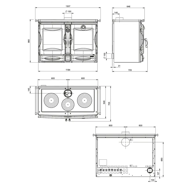 Plan technique et dimensions de la cuisinière à bois Alaska 12 kW avec vue face, profil et dessus