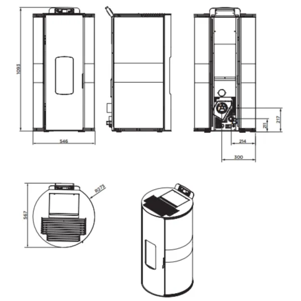 Plan technique du poêle à granulés étanche Lorena 9 kW avec dimensions et vues multiples