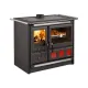 Cuisinière à bois Rosa XXL en acier noir avec four, plaque de cuisson et détails rouges, puissance 11 kW