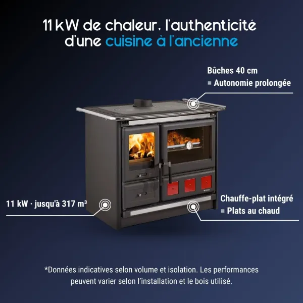 Cuisinière à bois en acier avec four et chauffe-plats, bûches 40 cm, puissance 11 kW