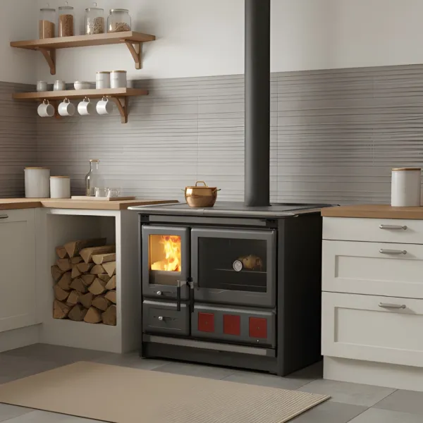 Cuisinière à bois Rosa XXL en acier gris anthracite avec four et foyer allumé, installée dans une cuisine moderne
