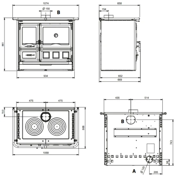 Plan technique et dimensions de la cuisinière à bois Rosa XXL Steel 11 kW avec vues face, profil et dessus