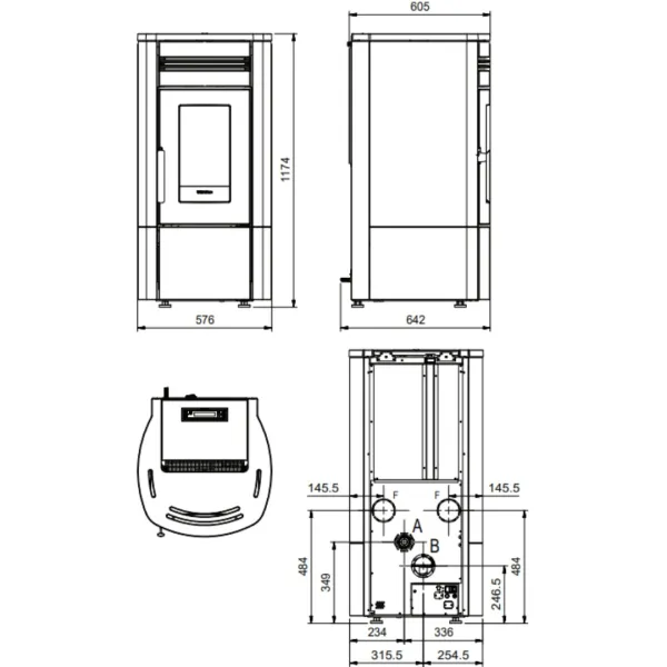 Plan technique et dimensions du poêle à granulés Noris Plus 12 kW vue face, profil et dessus