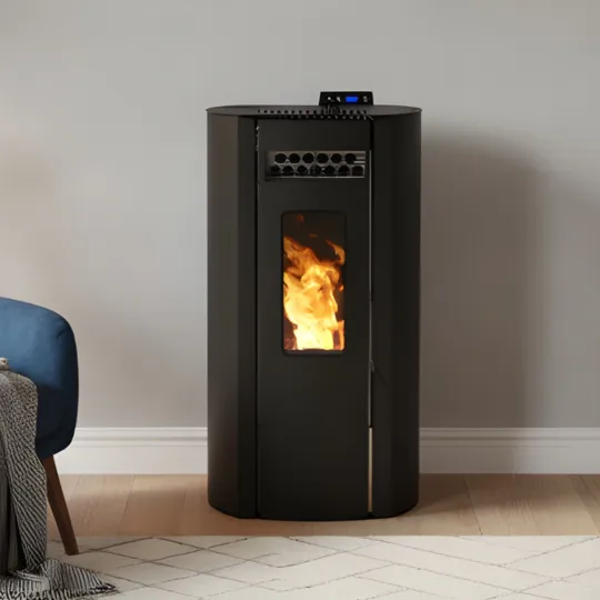 Poêle à granulés Ring 11 noir avec flammes visibles, design cylindrique et panneau de commande digital