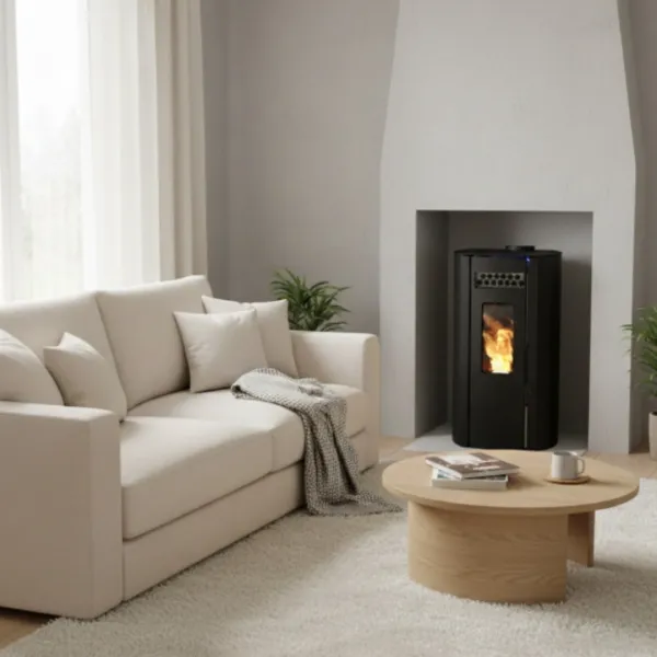 Poêle à granulés Ring 11 noir de 10 kW installé dans un salon moderne avec feu allumé