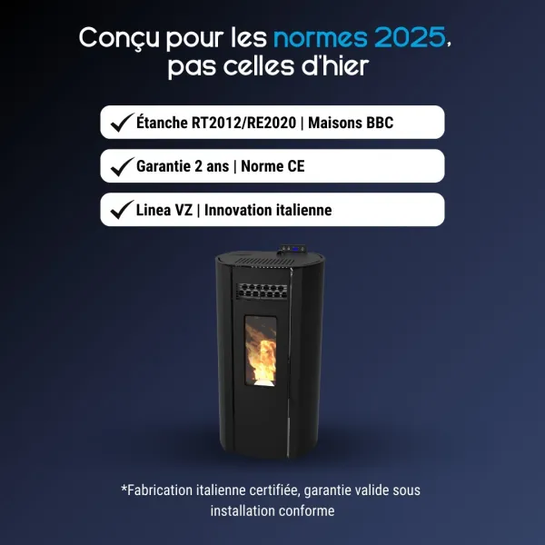 Poêle à granulés Ring 11 noir cylindrique 10 kW certifié RT2012 Linea VZ avec flammes visibles