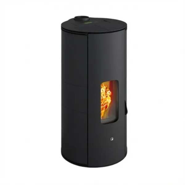 Poêle à granulés Lorena PJ cylindrique noir 9Kw avec vitre frontale et sortie fumées supérieure