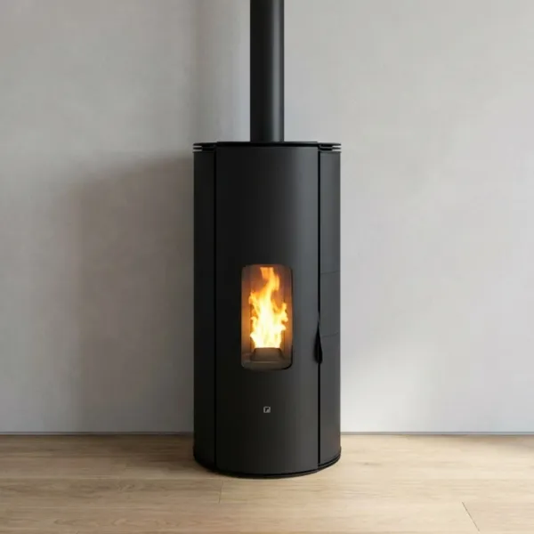Poêle à granulés Lorena PJ 9Kw noir avec conduit supérieur et vitre panoramique allumé