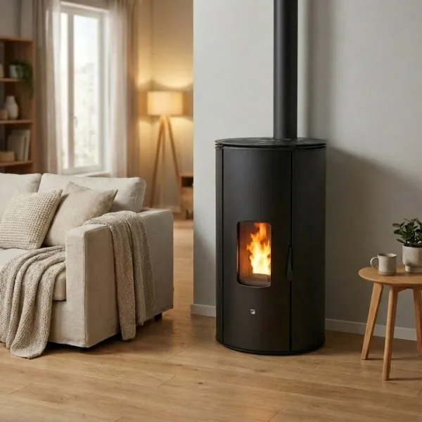 Poêle à granulés Lorena PJ noir 9Kw en situation dans un salon moderne avec conduit apparent