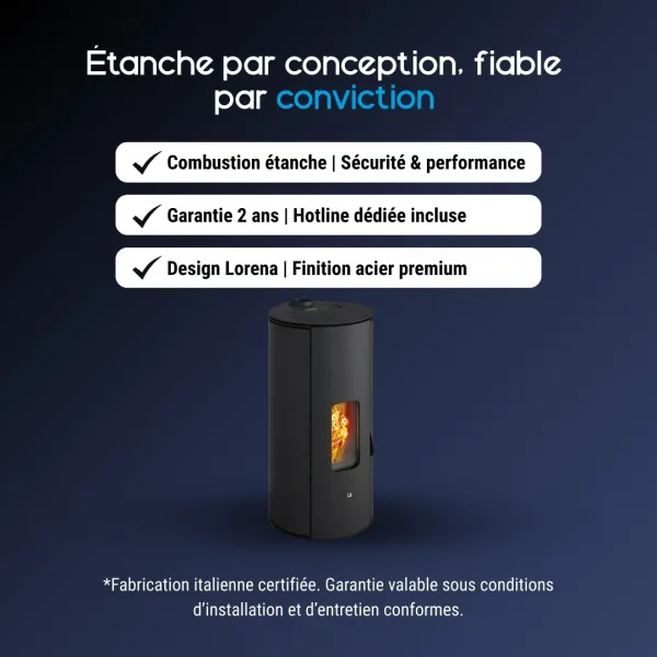 Poêle à granulés Lorena cylindrique noir 9Kw avec finition acier et combustion étanche
