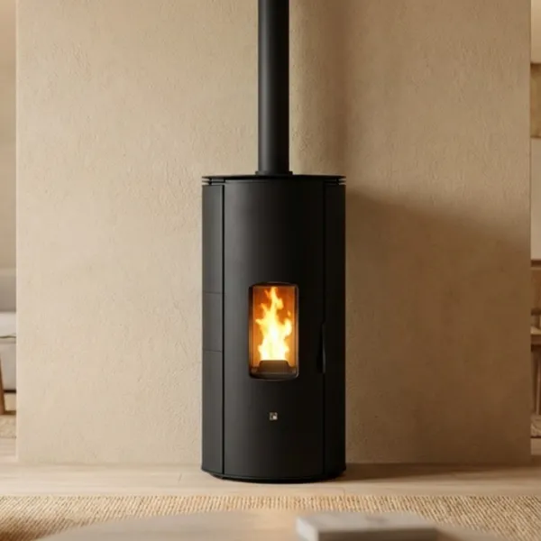 Poêle à granulés Lorena noir 9Kw avec conduit d'évacuation supérieur en situation dans un intérieur moderne