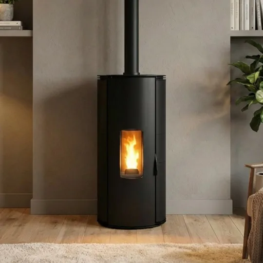 Poêle à granulés Lorena PJ noir 9Kw en situation dans un salon moderne avec conduit apparent
