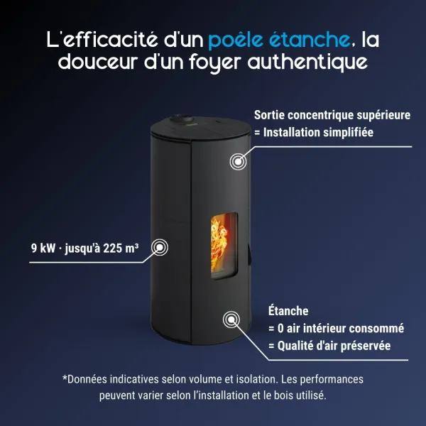 Poêle étanche Lorena PJ noir cylindrique 9kW avec vitre frontale et sortie concentrique supérieure