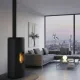 Poêle à granulés Lorena PJ 9kW noir design installé dans un salon moderne avec sortie supérieure