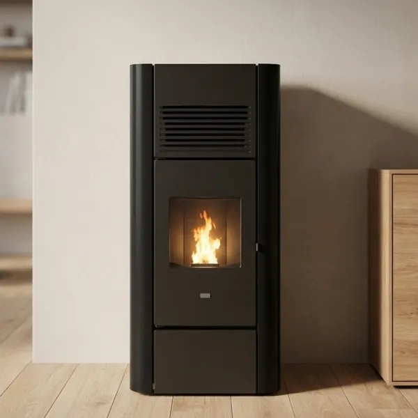 Poêle à granulés Adria noir design avec grille de ventilation supérieure et flamme visible 15,4 kW