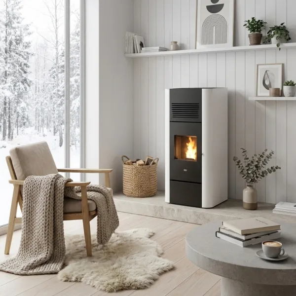 Poêle à granulés Adria design bicolore blanc et noir avec ventilation installé dans salon scandinave moderne