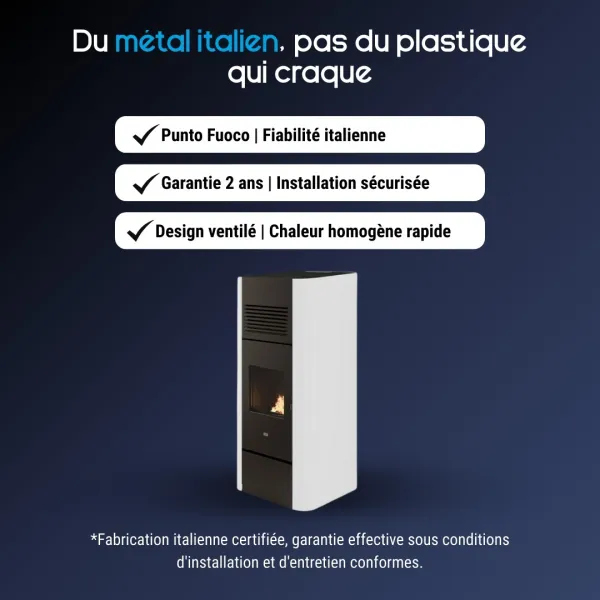 Poêle à granulés Adria design bicolore blanc et anthracite, habillage métal italien, puissance 15,4 kW
