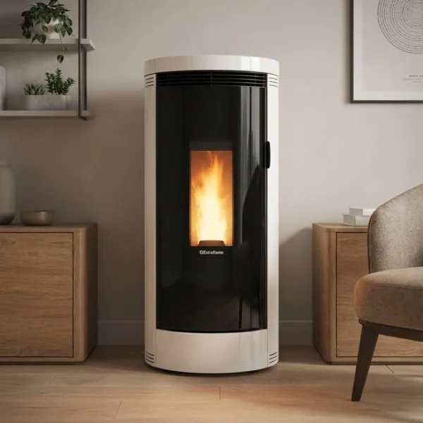 Poêle à granulés Debby Cx blanc et noir design cylindrique allumé dans un salon moderne