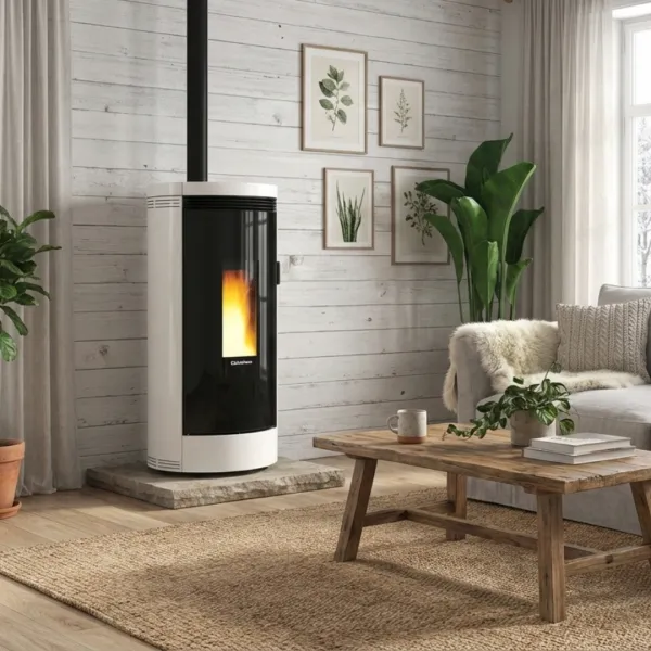 Poêle à granulés Debby Cx blanc et noir 9 kW allumé dans un salon scandinave avec conduit apparent