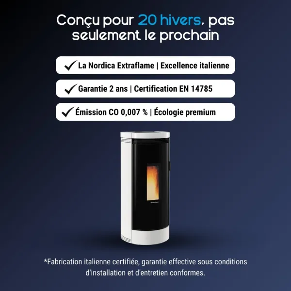 Poêle à granulés Debby Cx blanc et noir design cylindrique La Nordica Extraflame certification EN 14785