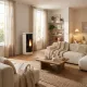 Poêle à granulés Debby Cx 9 kW design blanc et noir installé dans un salon moderne et lumineux