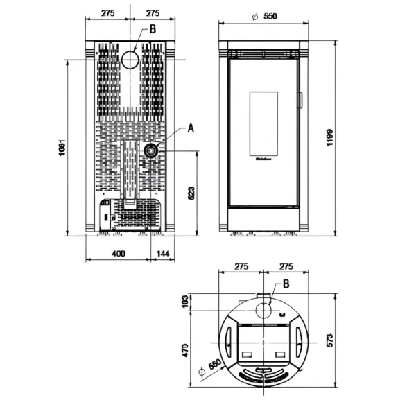 Plan technique et dimensions du poêle à granulés Debby Cx 9 kW en pierre naturelle