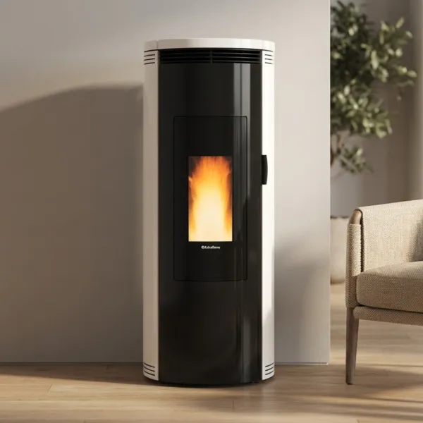 Poêle à granulés Amika 8 kW design cylindrique blanc et noir en fonctionnement dans un salon moderne
