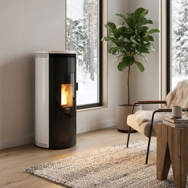 Poêle à granulés Amika 8 kW blanc et noir en situation dans un salon moderne avec vue enneigée