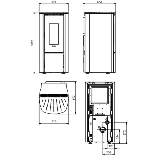 Schéma technique avec dimensions du poêle à granulés étanche Katia 9 kW, vues face, profil et dessus