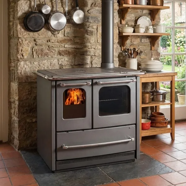 Cuisinière à bois SOVRANA EASY EVO grise avec four et foyer allumé installée dans cuisine rustique