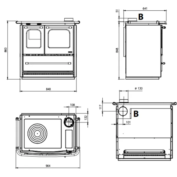 Plan technique et dimensions de la cuisinière à bois SOVRANA EASY EVO avec sortie fumées arrière
