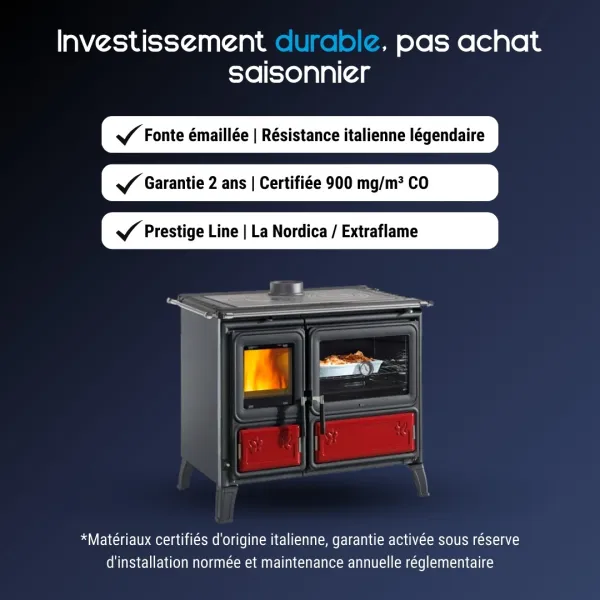 Cuisinière à bois Milly en fonte émaillée noire et rouge avec four et foyer vitré, puissance 9.2 kW