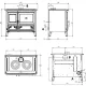 Plan technique de la cuisinière à bois Milly avec dimensions et vues face, profil, dessus et arrière