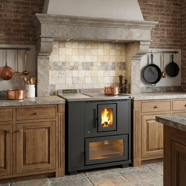 Cuisinière à granulés Desy 9 kW grise avec four intégré dans cuisine rustique avec flamme visible