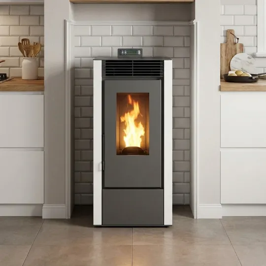Poêle à granulés Marina 14C gris et blanc 13,5 kW installé dans une cuisine moderne avec flammes allumées
