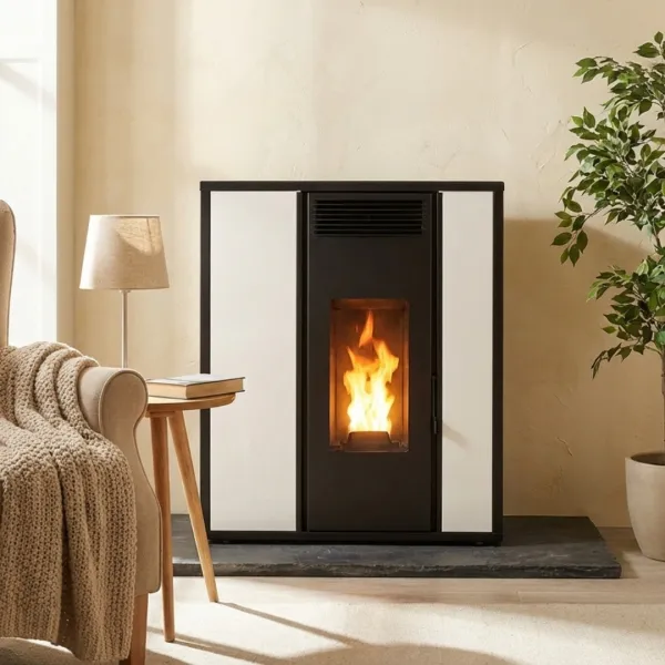 Poêle à granulés Tessa 10 design extra plat noir et blanc avec cadre moderne installé dans un salon cosy